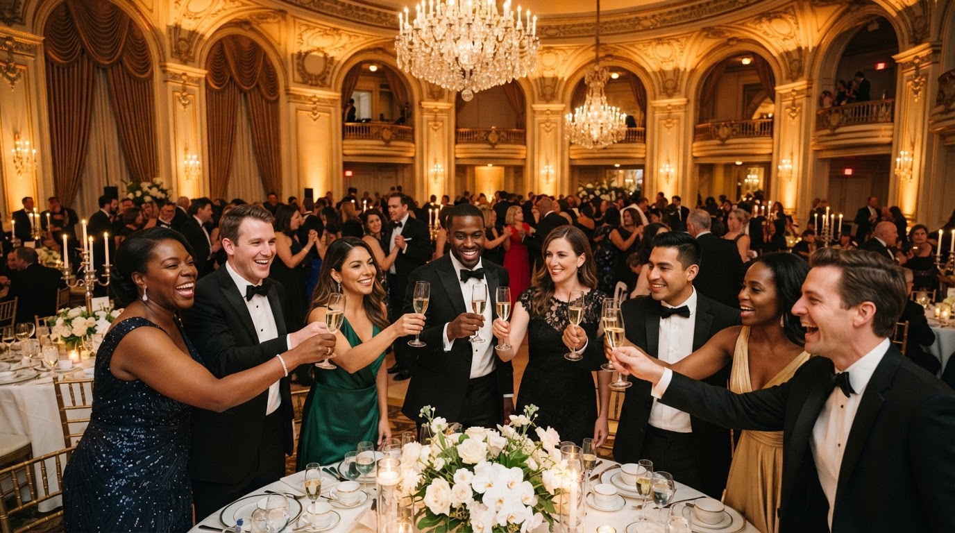 Upscale gala event in a grand ballroom with fine catering and gold-accented table settings