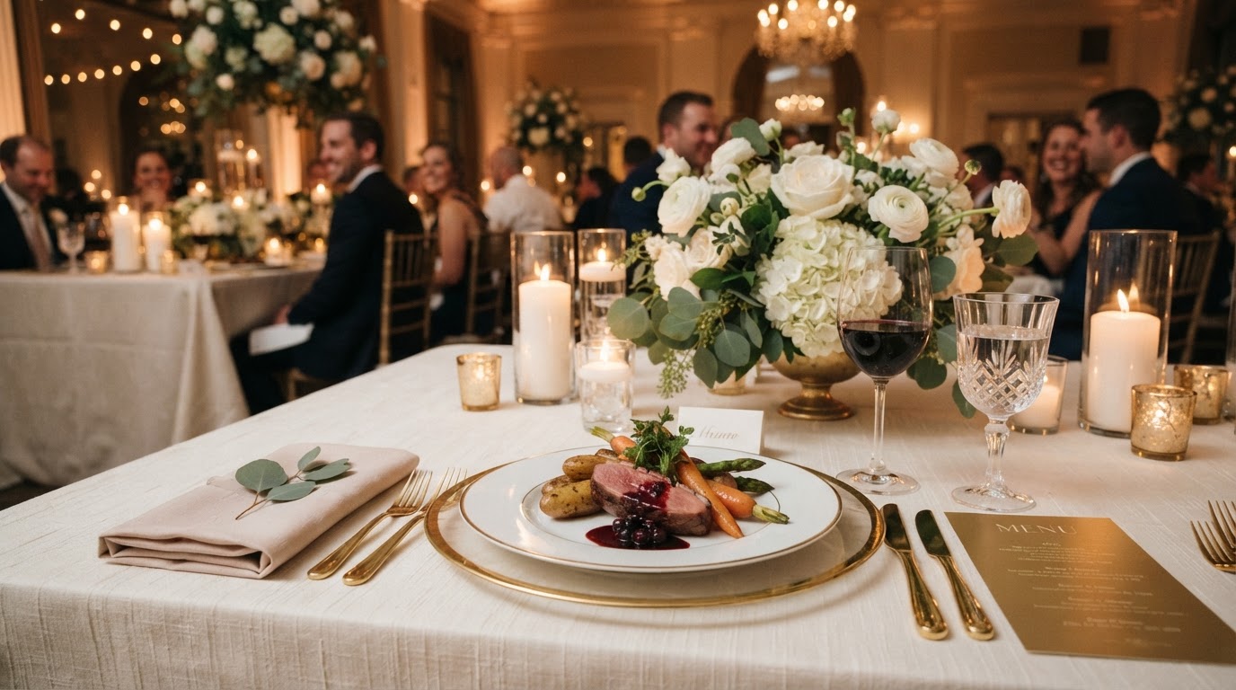 Elegant wedding reception with plated gourmet dinner, candlelight, and floral centerpieces