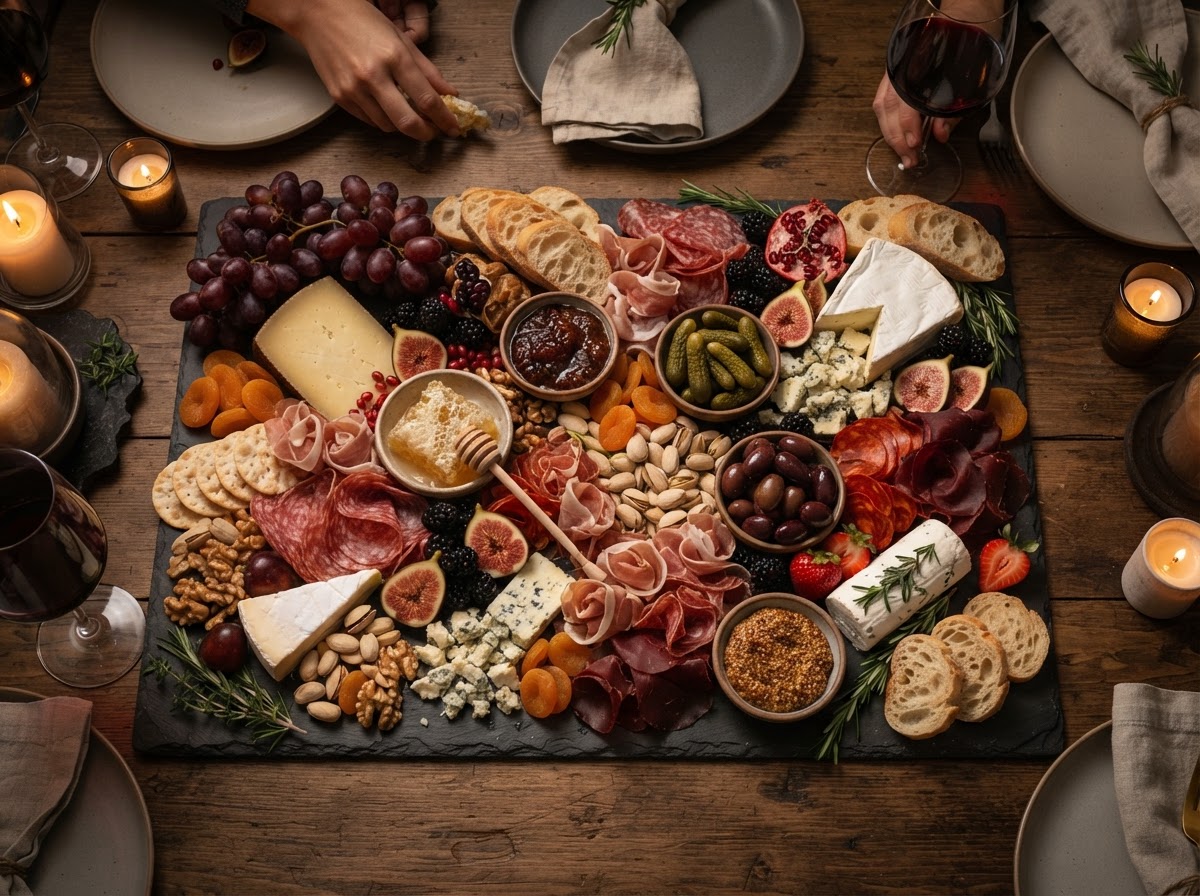 Artfully arranged charcuterie and grazing spread with artisan cheeses and cured meats on slate