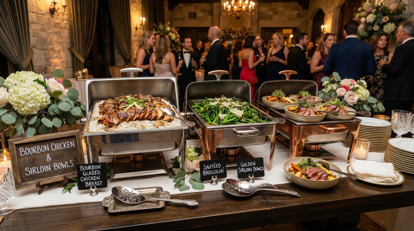 Bourbon glazed chicken breast, seasoned rice, sautéed broccolini, and savory catering buffet