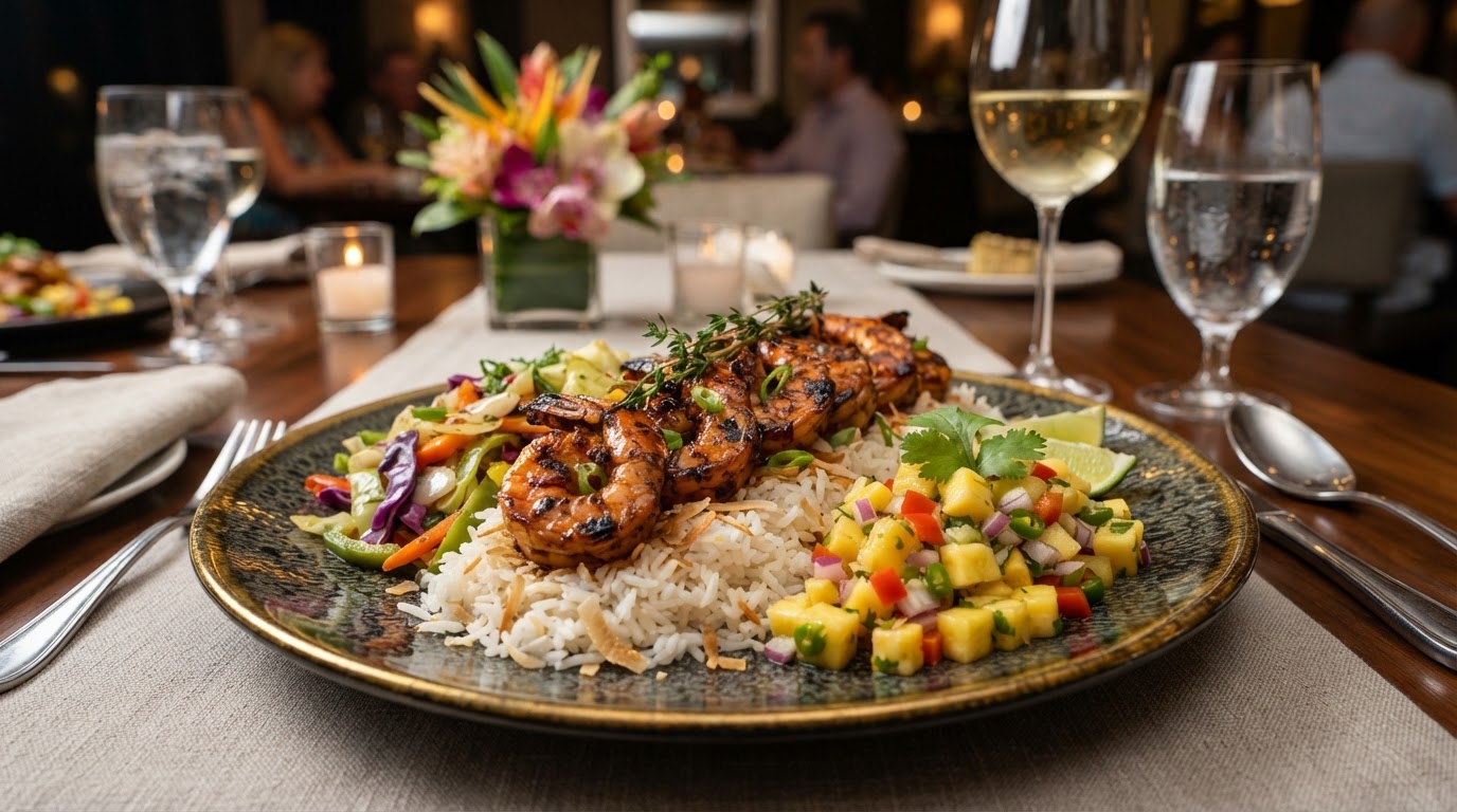 Jerk honey-glazed seasoned shrimp over coconut jasmine rice with fresh pineapple salsa