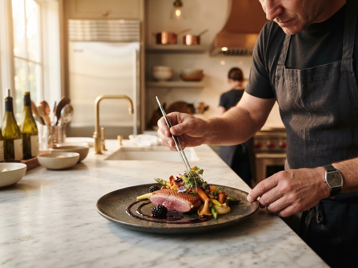 Private chef plating a gourmet dish with microgreens and sauce art in a modern home kitchen