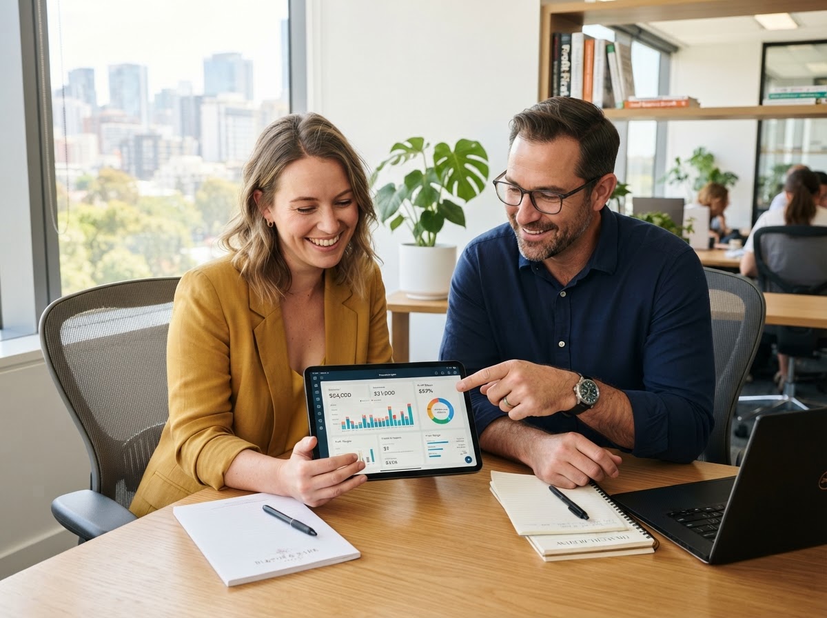 Small business owner and bookkeeping advisor collaborating on financial records