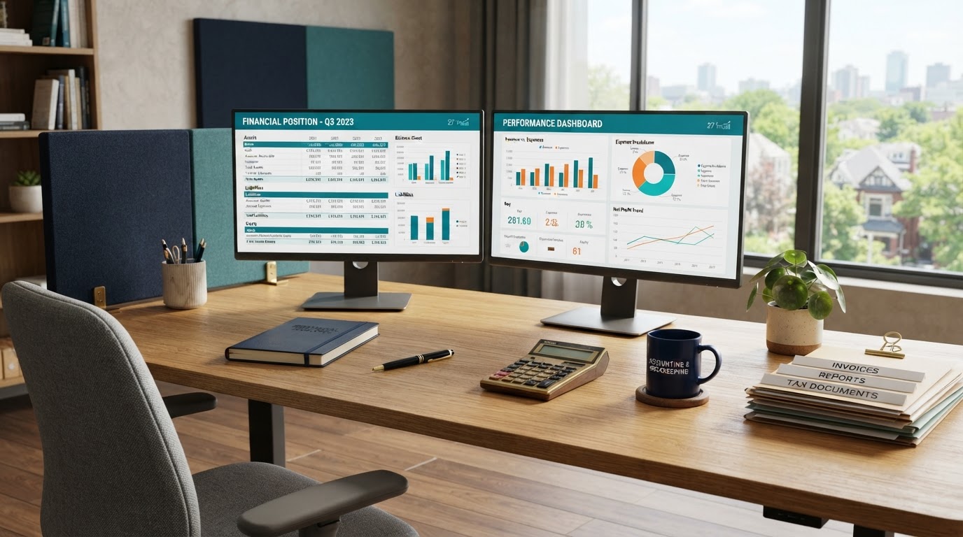 Modern bookkeeping workspace with organized financial reports and dual screens