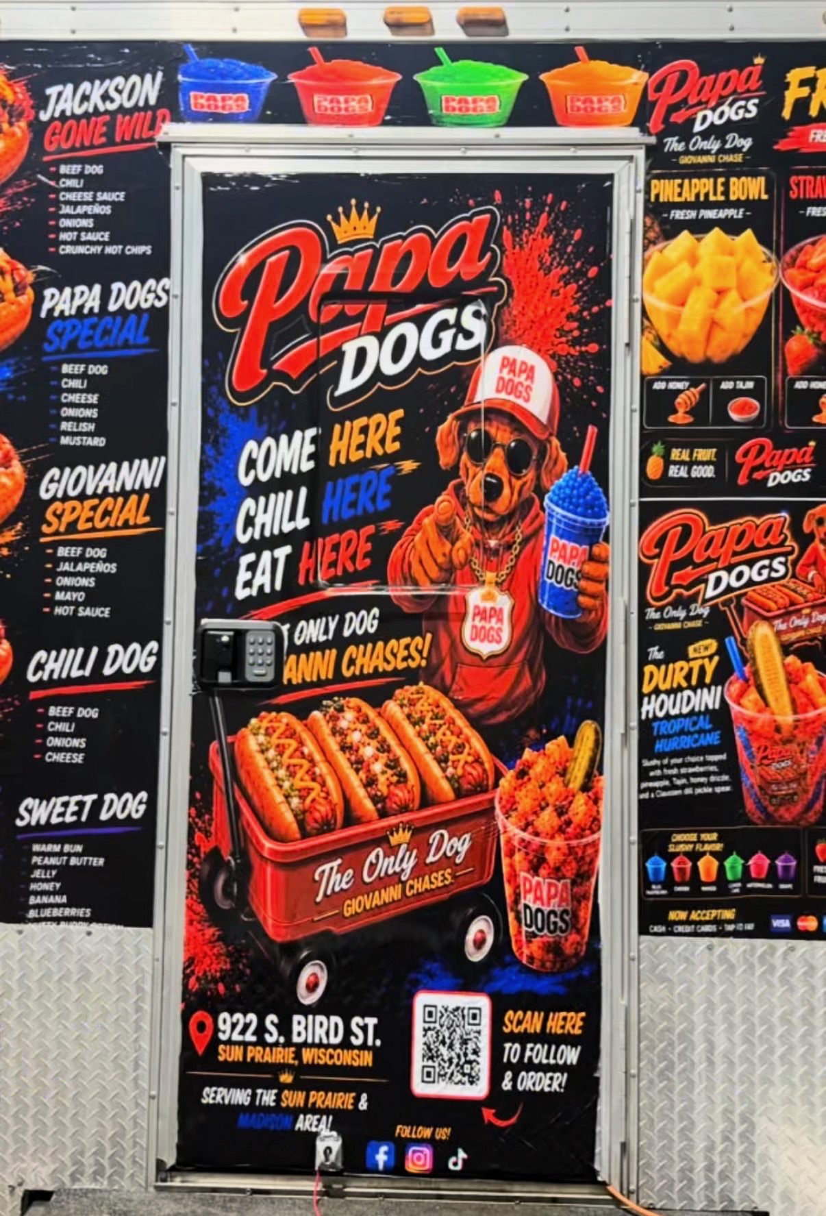 Papa Dogs mobile stand trailer wrap with mascot and Come Here Chill Here Eat Here mural