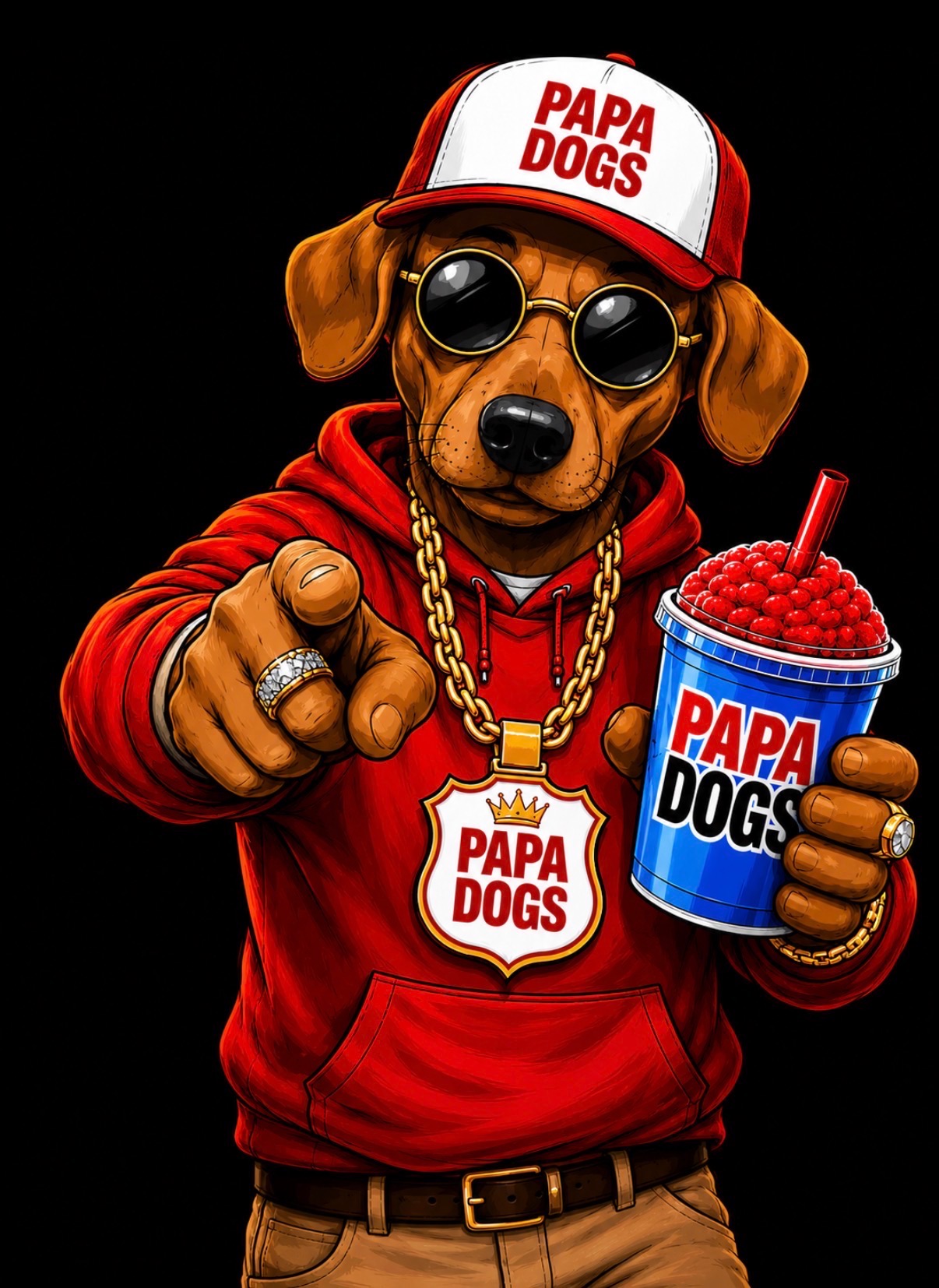 Papa Dogs mascot — a confident cartoon dog in a red hoodie, sunglasses, gold chain, and trucker cap