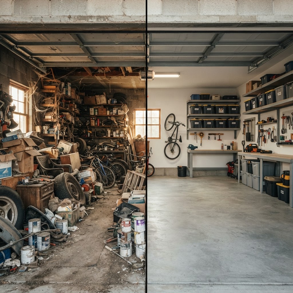 Before and after garage cleanout by Buck's Haul