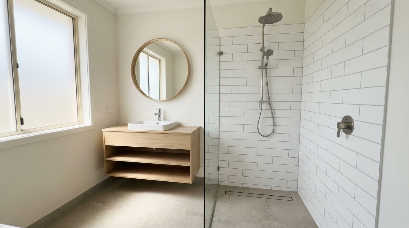 Bright modern bathroom with walk-in shower, white subway tiles laid horizontally, fresh light-grey grout, clear silicone corner joins, brushed chrome fittings and pale timber vanity
