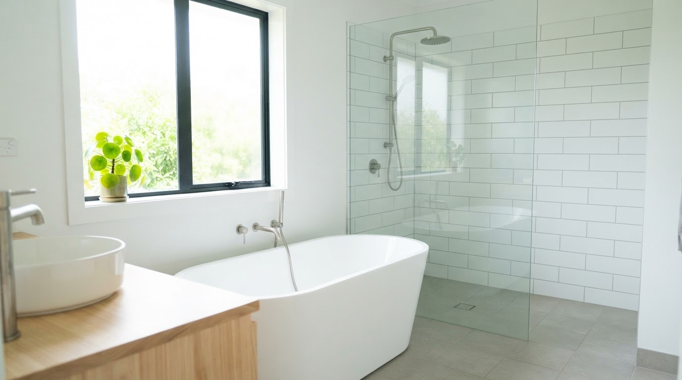 Bright airy finished bathroom with freestanding bath and walk-in shower