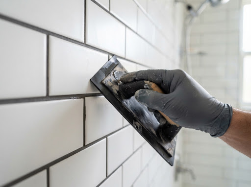 Charcoal grout being pressed into joints
