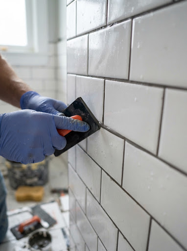 Close-up realistic authentic photograph of a professional tradesperson's gloved hands using a rubber grout float tool to carefully apply smooth grout into the joints between crisp white subway wall tiles