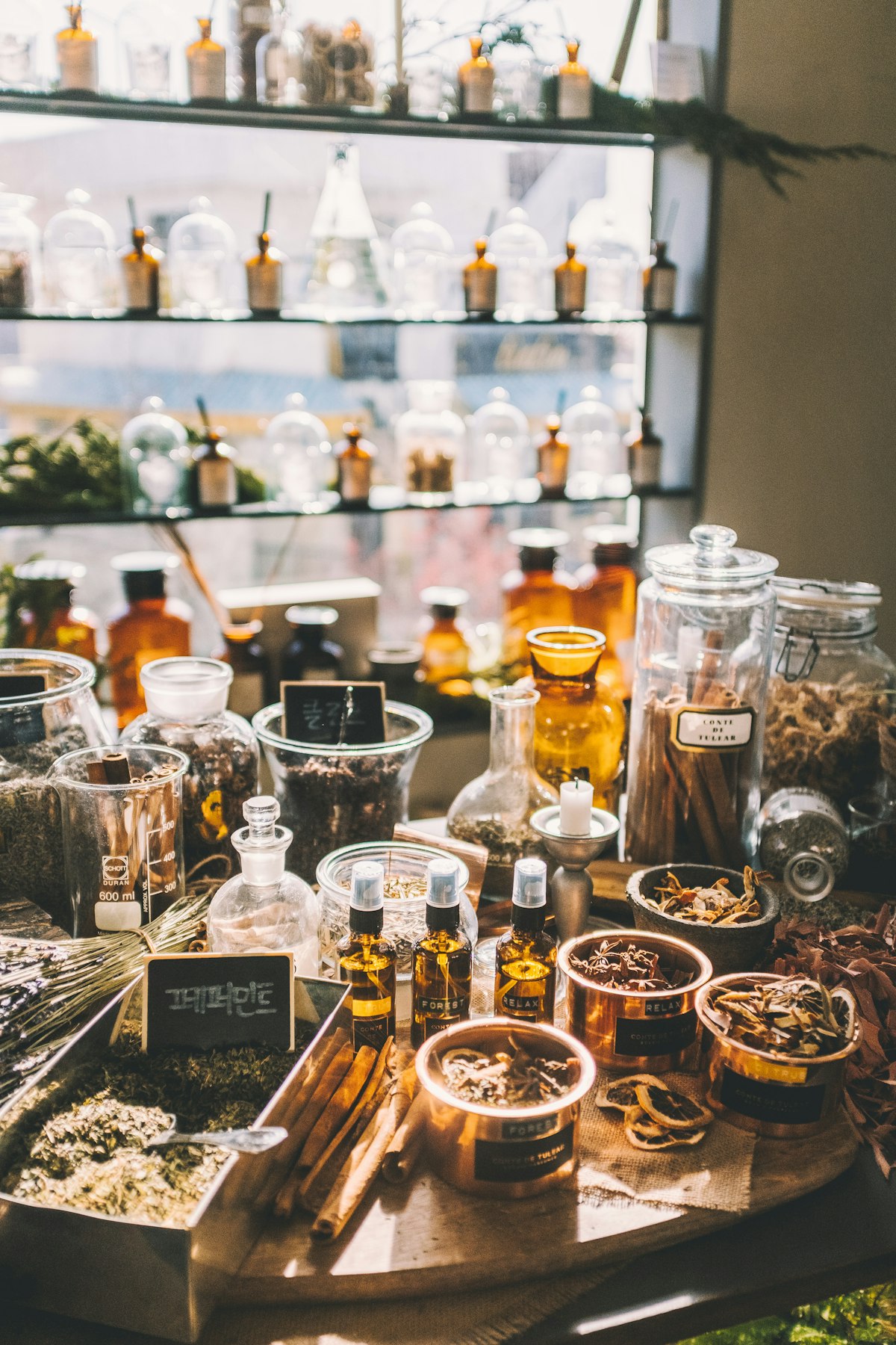 Glass jars of dried herbs and botanical medicines in an apothecary
