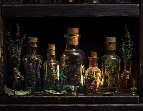 Vintage apothecary glass bottles with dried herbs and flowers used in natural remedies