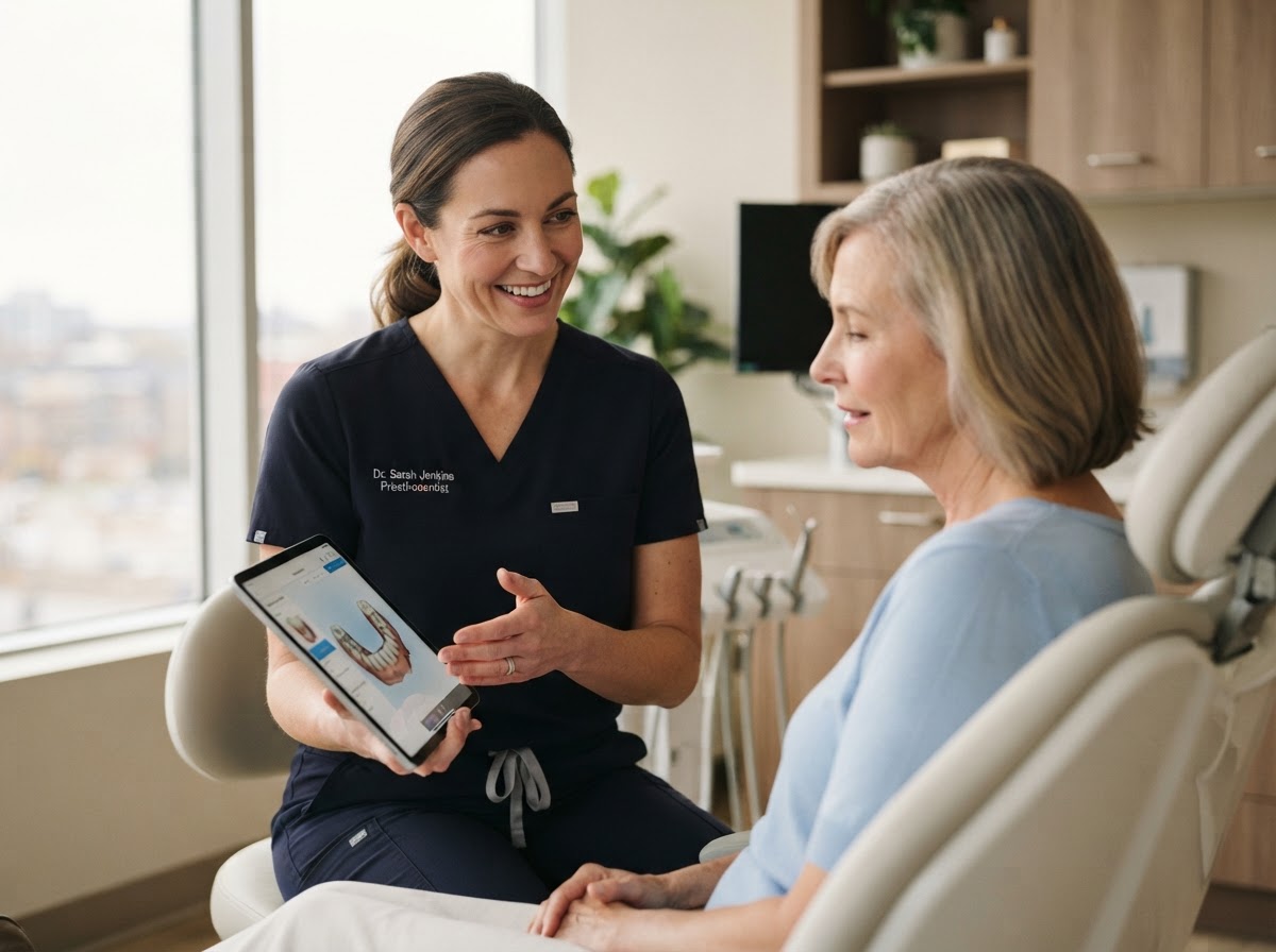 A dental professional reviewing treatment options with a patient in a modern clinic