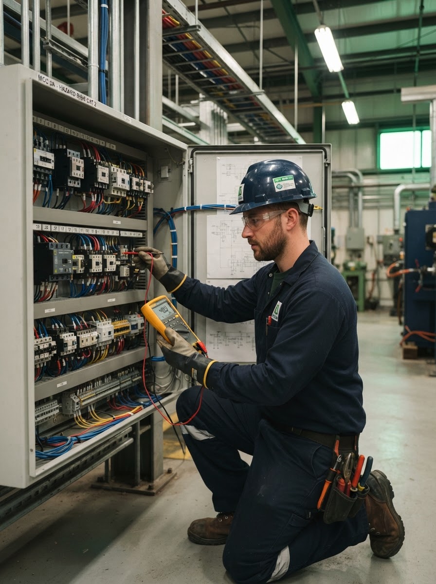 Ingeniero de CES Eléctrica & Renovable trabajando en una instalación eléctrica industrial