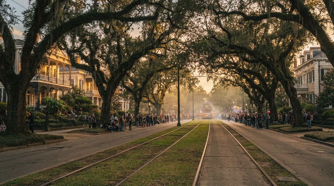 St. Charles Avenue with its oak-lined median and streetcar tracks at warm light.