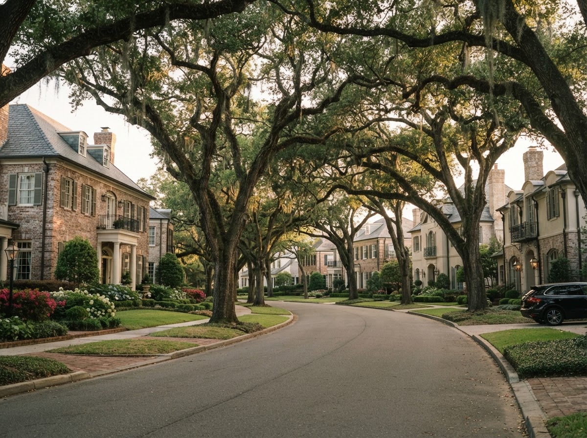 Grand brick homes on a manicured Old Metairie street.