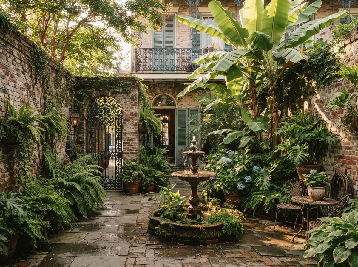 A hidden courtyard behind a historic New Orleans home with brick walls and tropical plantings.