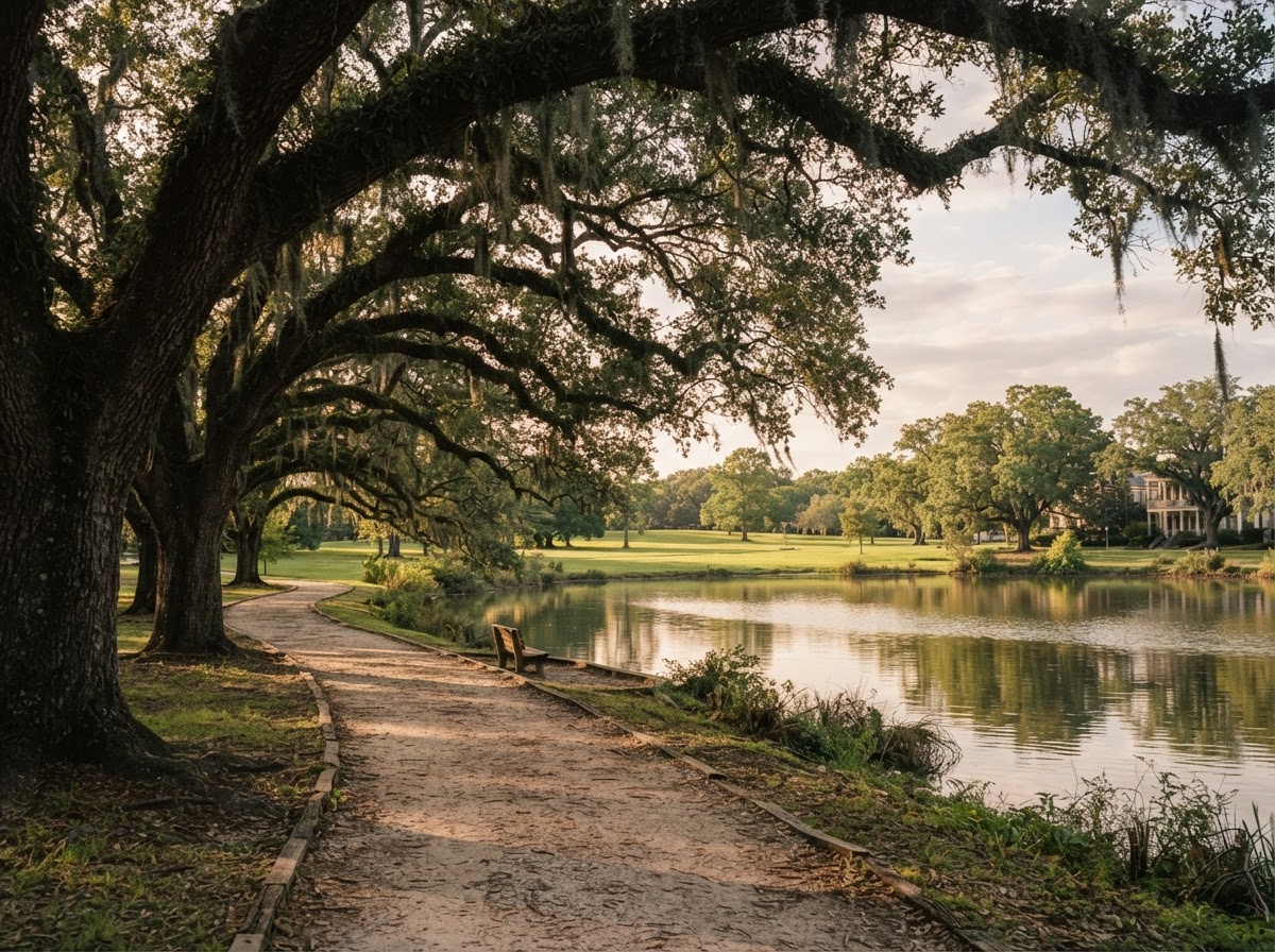 Live oaks overhanging a path in Audubon Park.