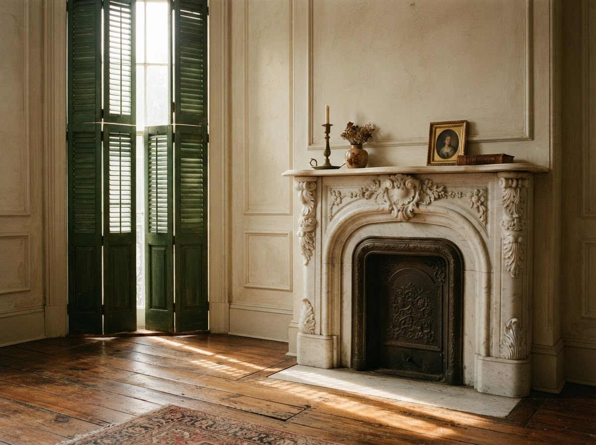A carved marble mantelpiece and tall shuttered window in a historic New Orleans parlor.