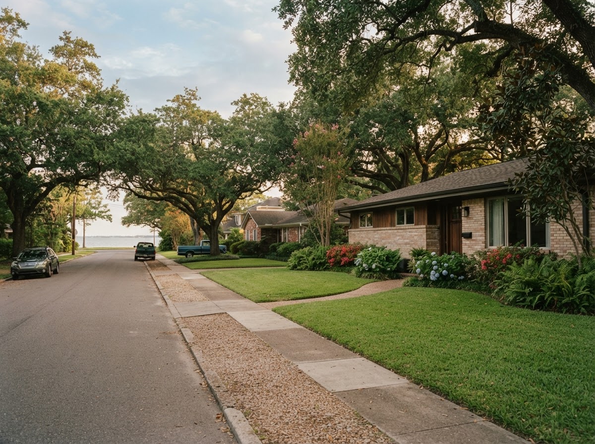 Leafy street of brick homes in Lakeview.