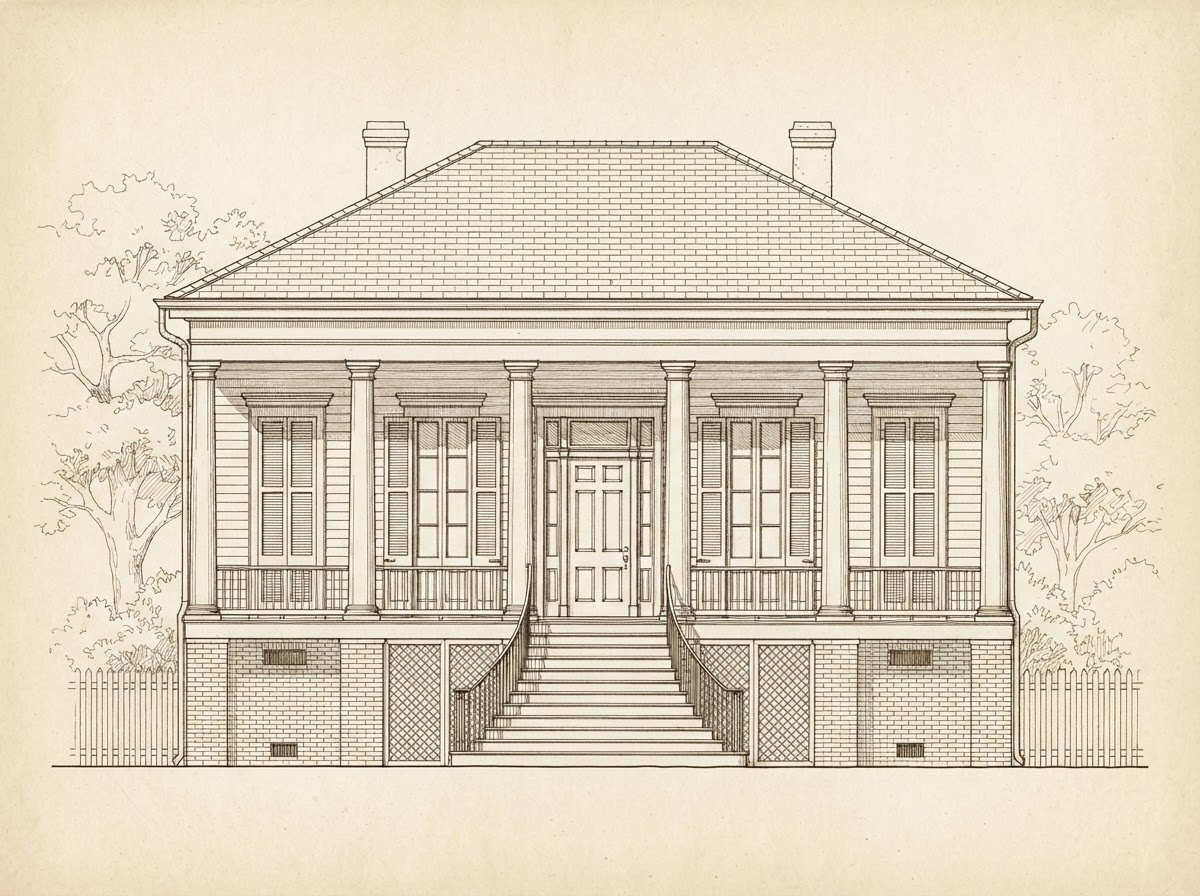 Architectural elevation drawing of a Greek Revival raised center-hall cottage.