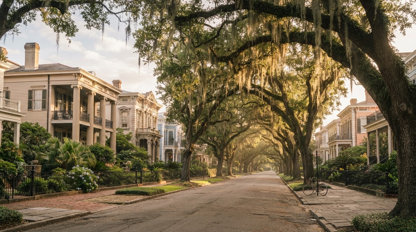 A live oak-lined residential avenue in the New Orleans Garden District.