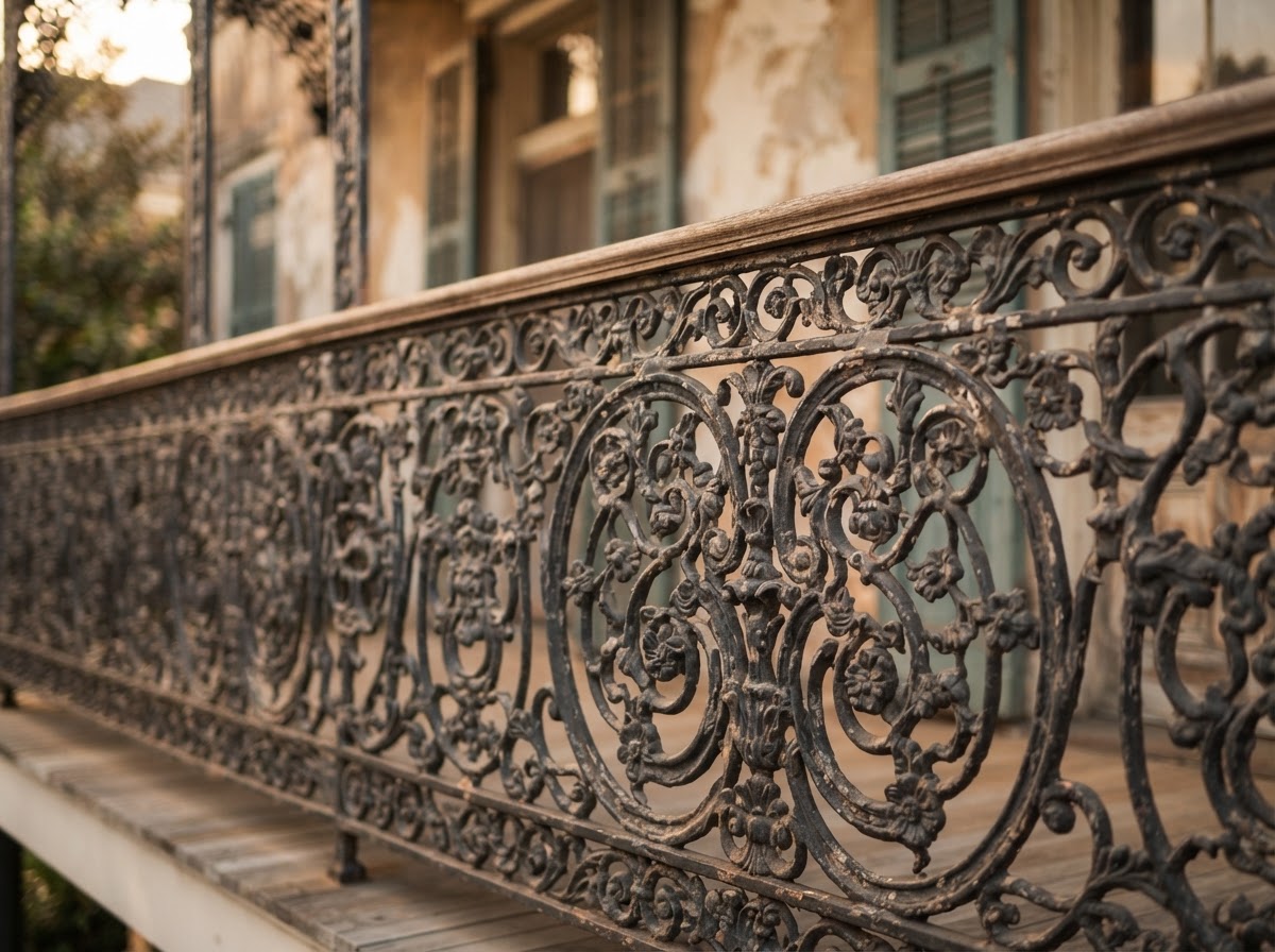 Ornate cast-iron gallery balustrade detail on a historic Garden District home.