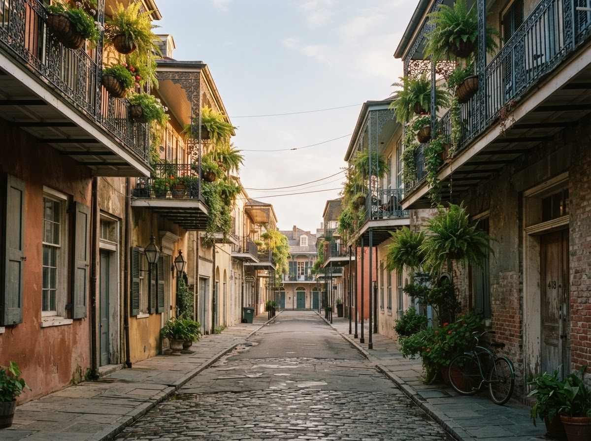 Narrow street of Creole townhouses in the French Quarter.
