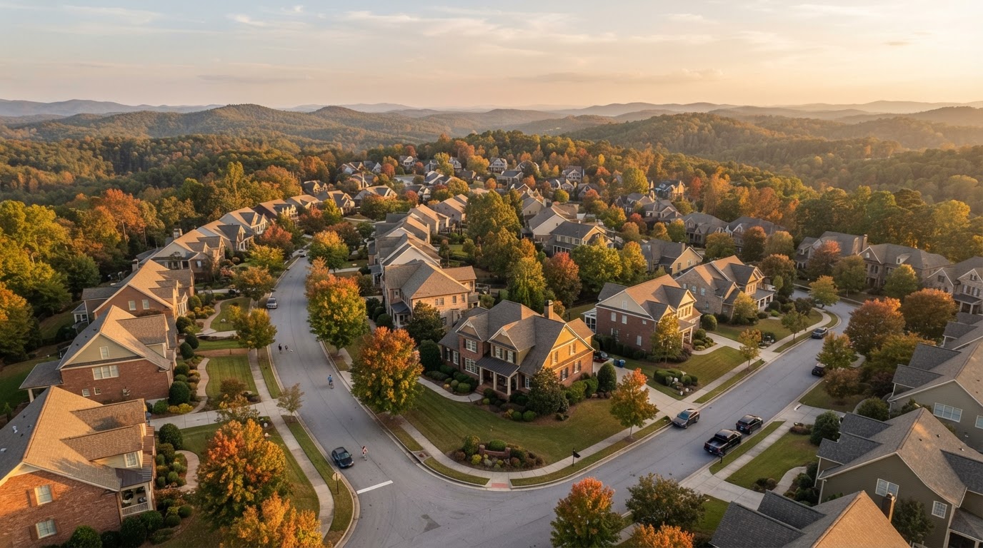 Franklin Hills neighborhood in Carnesville, Georgia at golden hour