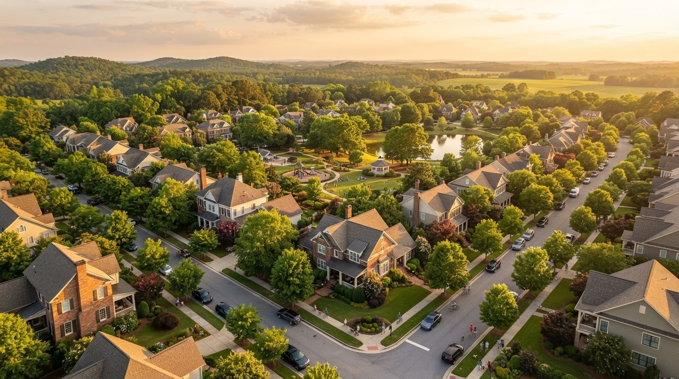 Aerial view of the Franklin Hills neighborhood in Carnesville, Georgia at golden hour