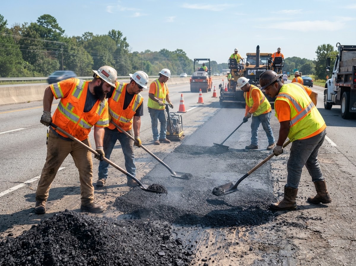 Crew of paving workers using shovels to spread and level hot asphalt on a road surface, during an asphalt paving installation by Arvada Asphalt Paving Pros in Arvada, CO