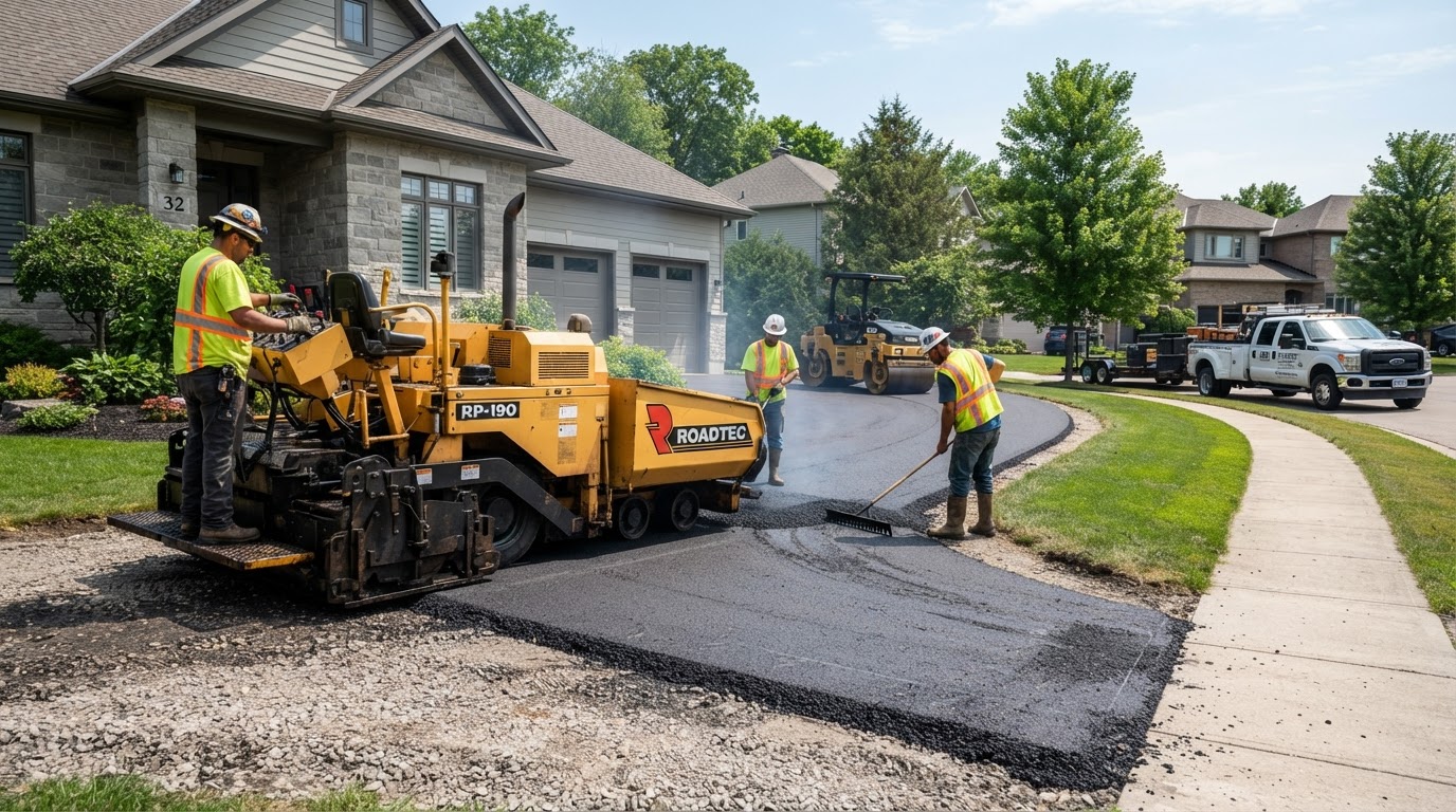 Large asphalt paving machine laying fresh black asphalt on a residential driveway while workers monitor the process, during a driveway resurfacing service by Arvada Asphalt Paving Pros in Arvada, CO