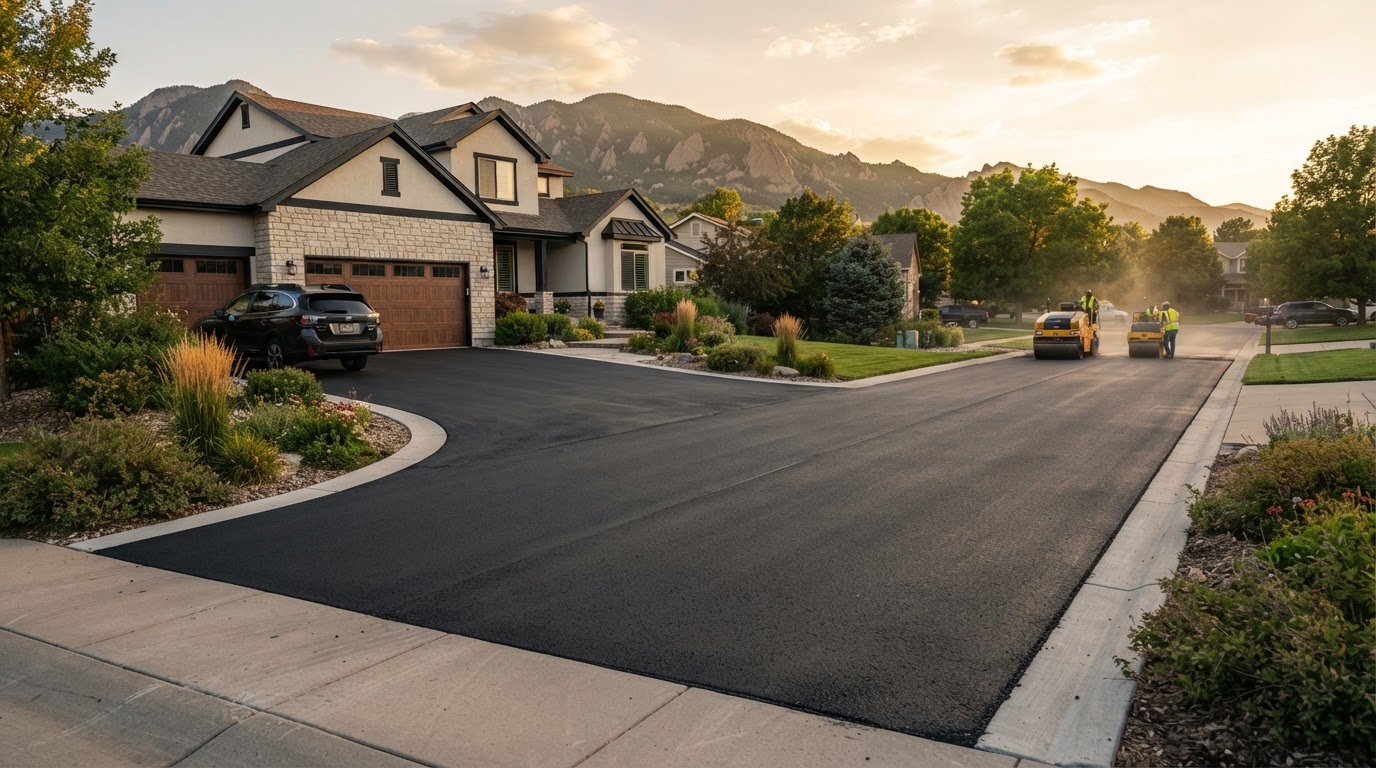 Freshly paved smooth black asphalt driveway in front of a suburban home at golden hour, installed by Arvada Asphalt Paving Pros in Arvada, CO