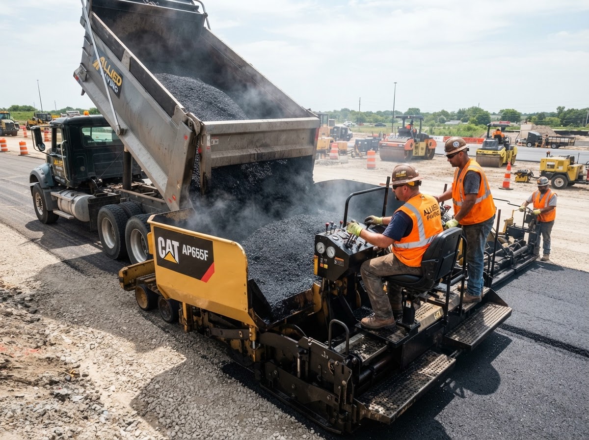 Hot mix asphalt being loaded and spread inside a paving machine hopper, during an asphalt paving service by Arvada Asphalt Paving Pros in Arvada, CO