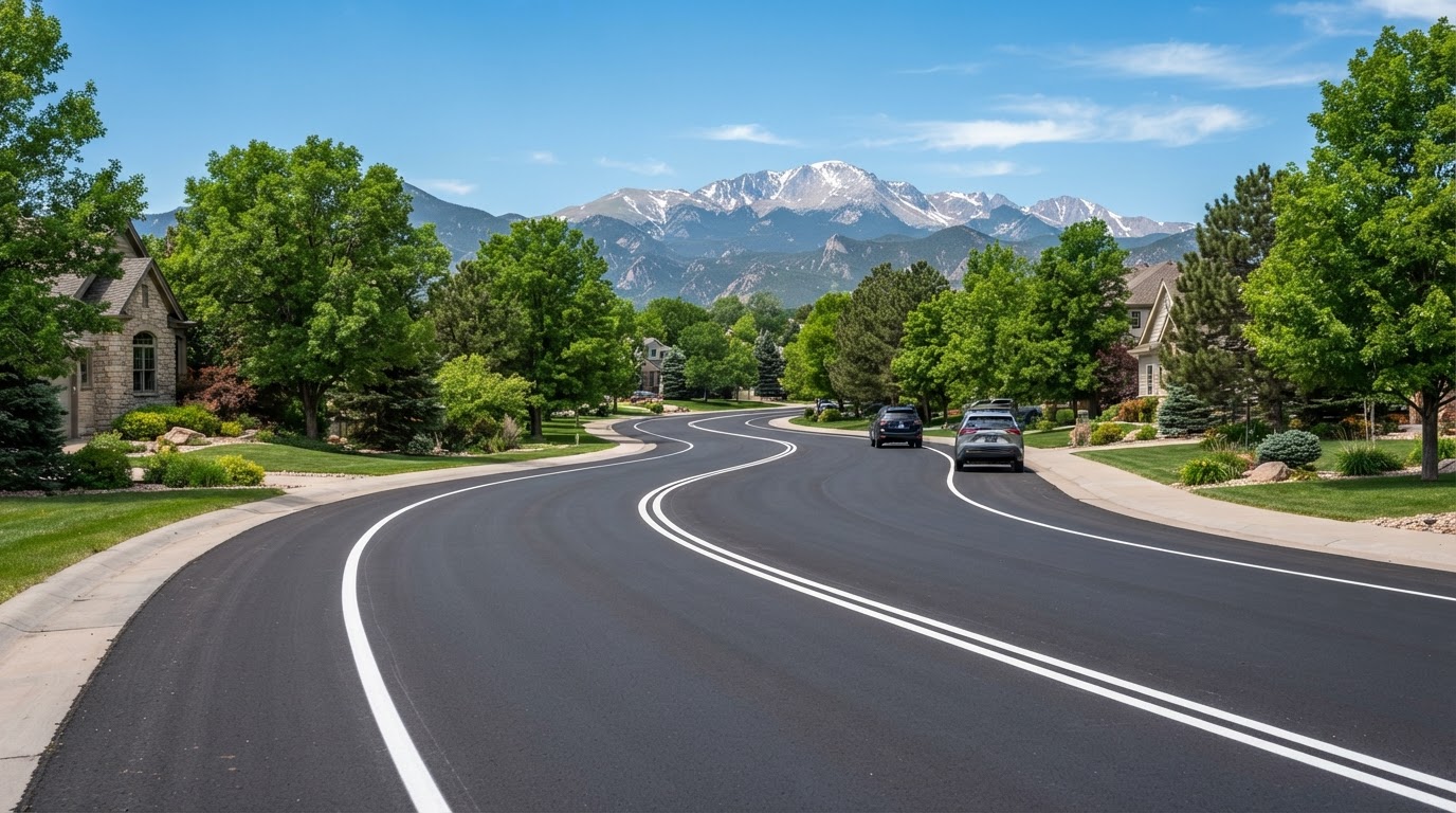 Smooth newly paved black asphalt road curving through a green landscape with Colorado mountains in the distance, installed by Arvada Asphalt Paving Pros in Arvada, CO