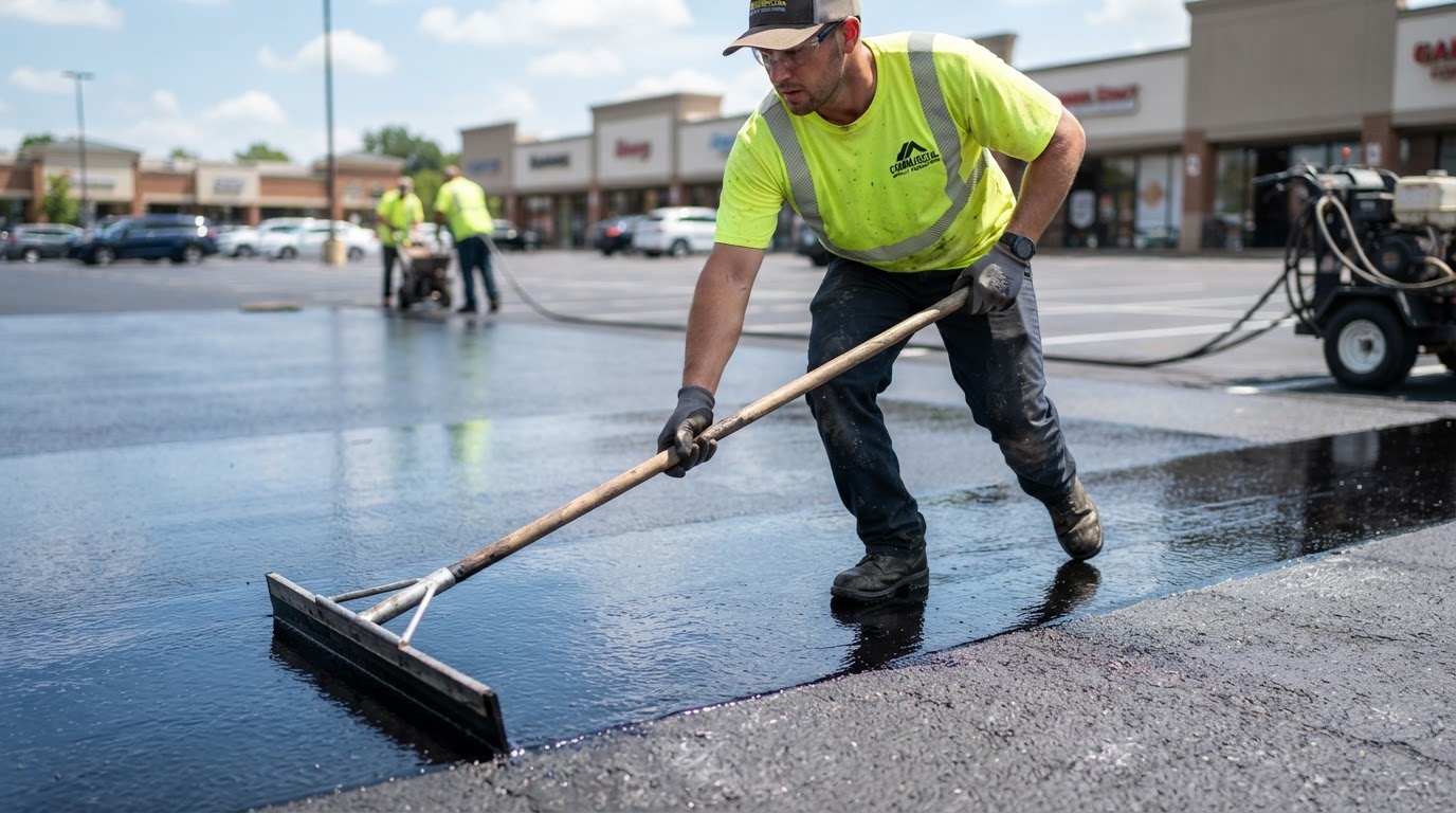 Close-up of a worker applying a smooth glossy black sealcoat layer over asphalt in a commercial parking lot, during a parking lot resurfacing and striping service by Arvada Asphalt Paving Pros in Arvada, CO