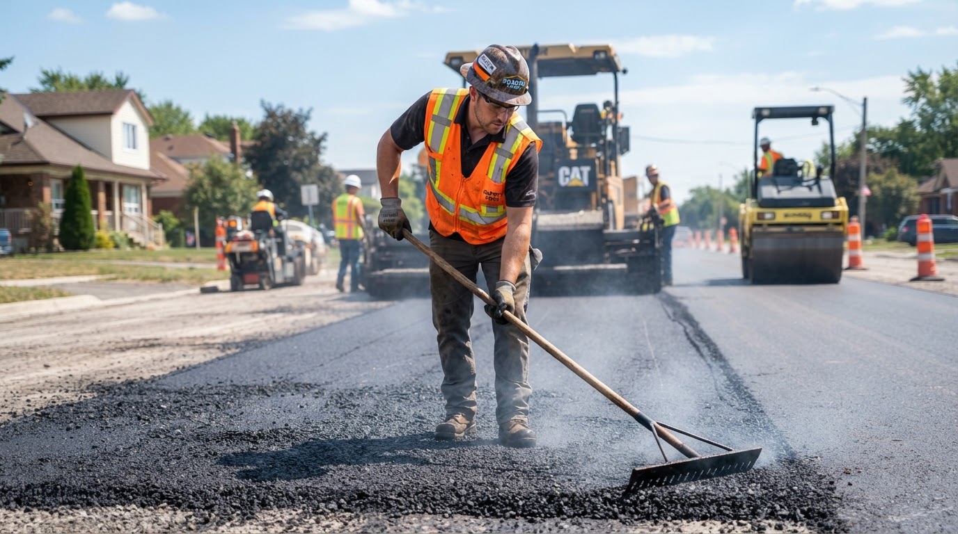 Construction worker in orange safety vest raking freshly laid hot asphalt to create an even smooth surface, during an asphalt paving and sealcoating service by Arvada Asphalt Paving Pros in Arvada, CO