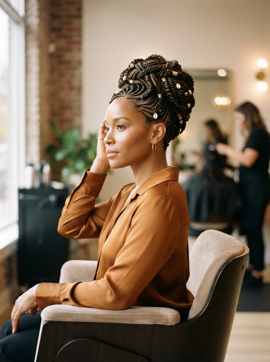 Honey Bel Hair client showcasing intricate braided hairstyle in Fort Worth salon — professional knotless braiding portfolio example