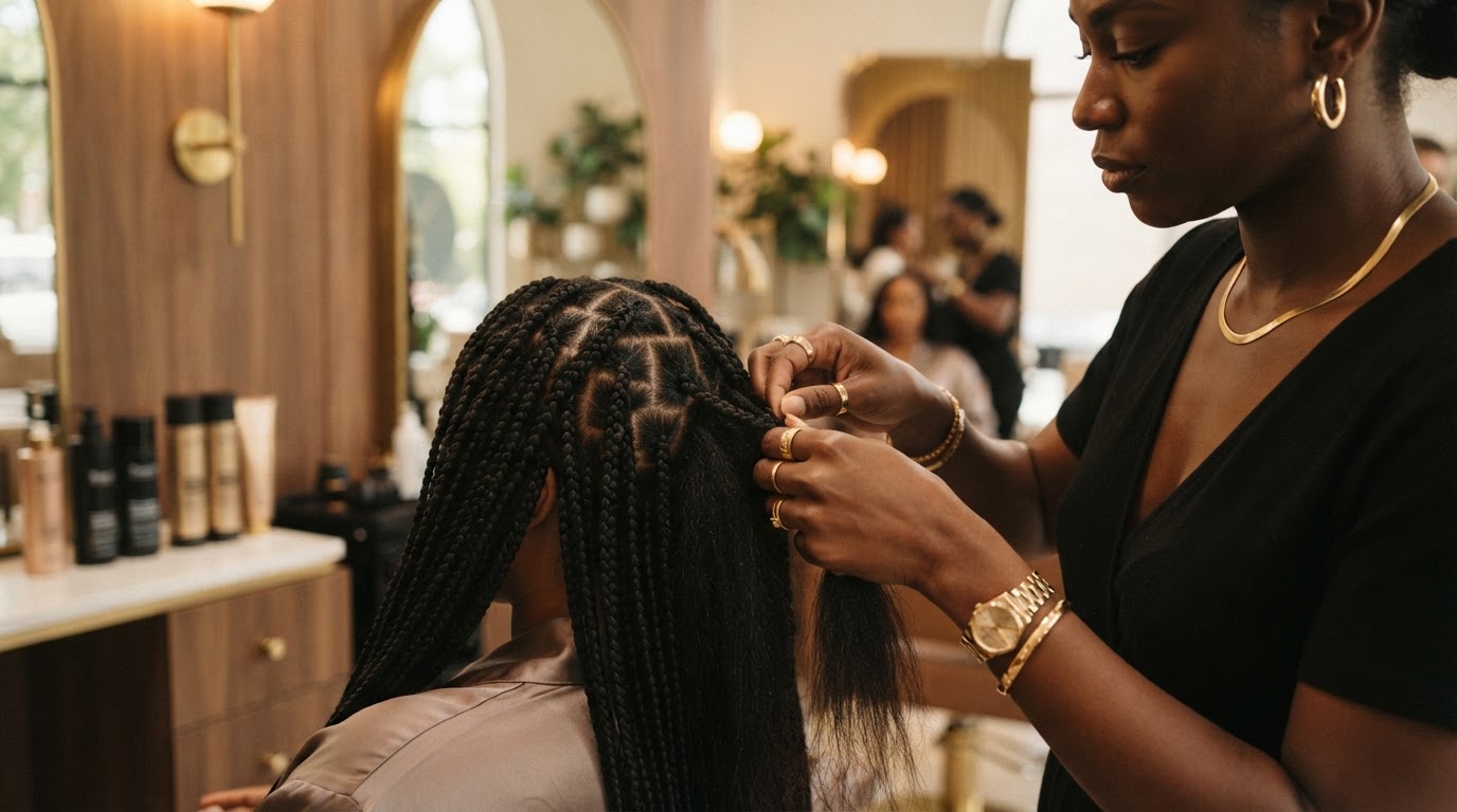 Professional hair braider creating intricate knotless box braids at Honey Bel Hair salon