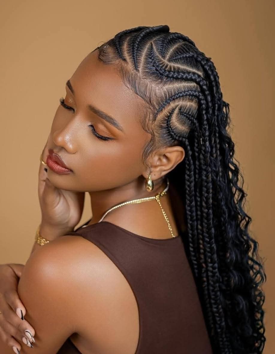 Honey Bel Hair client with beautifully braided protective style showcasing expert knotless braiding technique