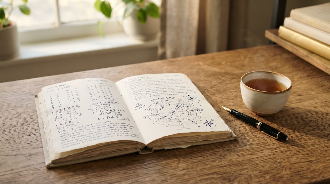 An open journal with handwritten numbers and a subtle numerology chart in soft morning light