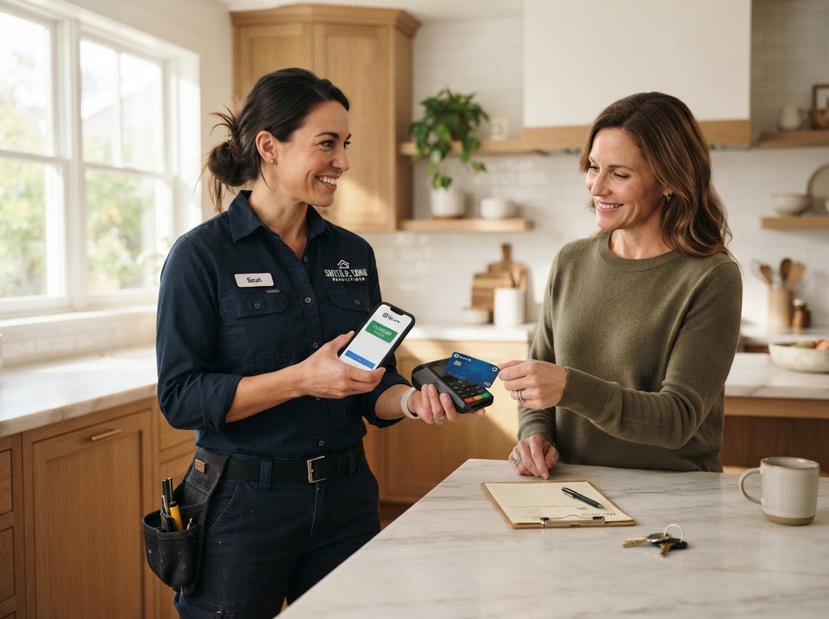 A service professional processing a payment on a mobile card reader after a job.