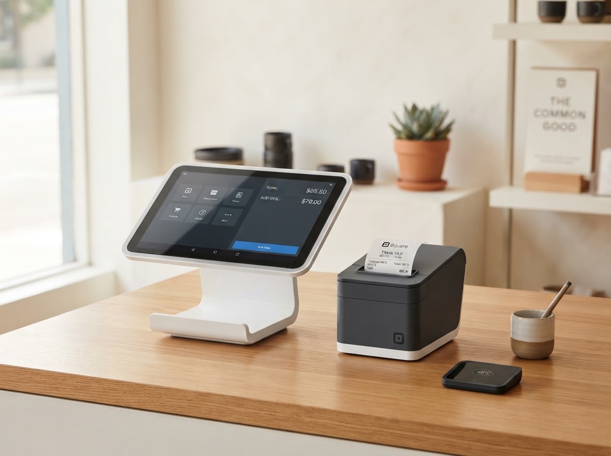 A modern point-of-sale terminal and receipt printer on a clean retail counter.