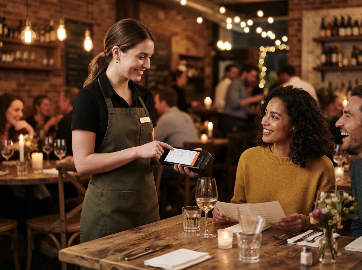 A restaurant server using a handheld POS device to take an order.