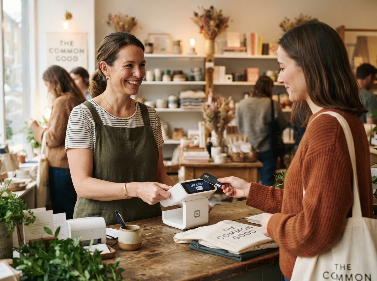 An independent merchant accepting a card payment from a customer at a checkout counter with terminal visible.