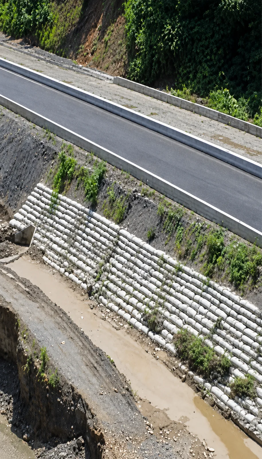 Detalle constructivo de protección de talud y margen fluvial con filas escalonadas de sacos de suelo-cemento y cabezal de descarga de alcantarilla