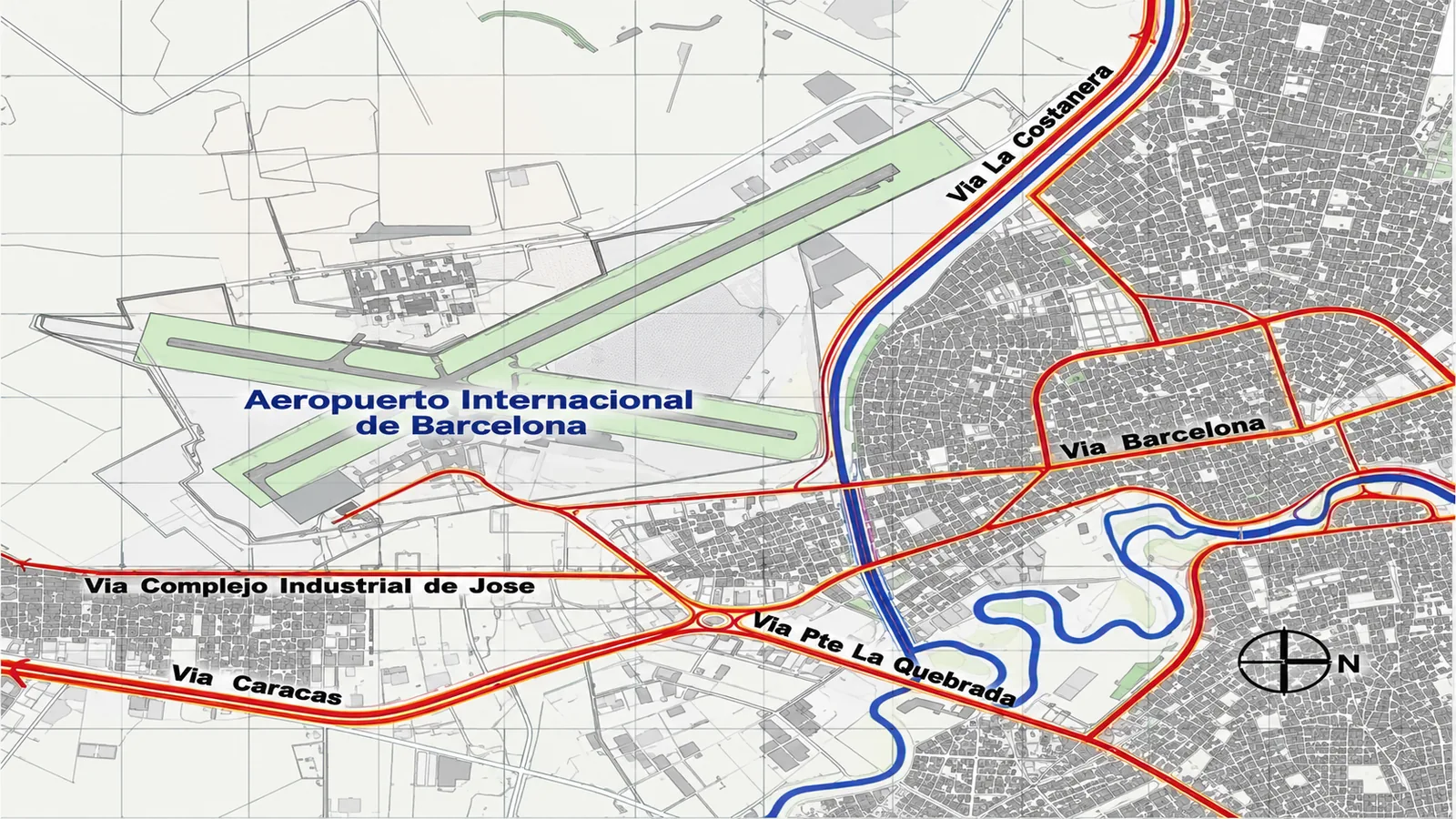 Plano aeroportuario y esquema de accesos viales estratégicos: interconexión del Aeropuerto Internacional de Barcelona con la Vía La Costanera, Vía Caracas y Vía Complejo Industrial de Jose