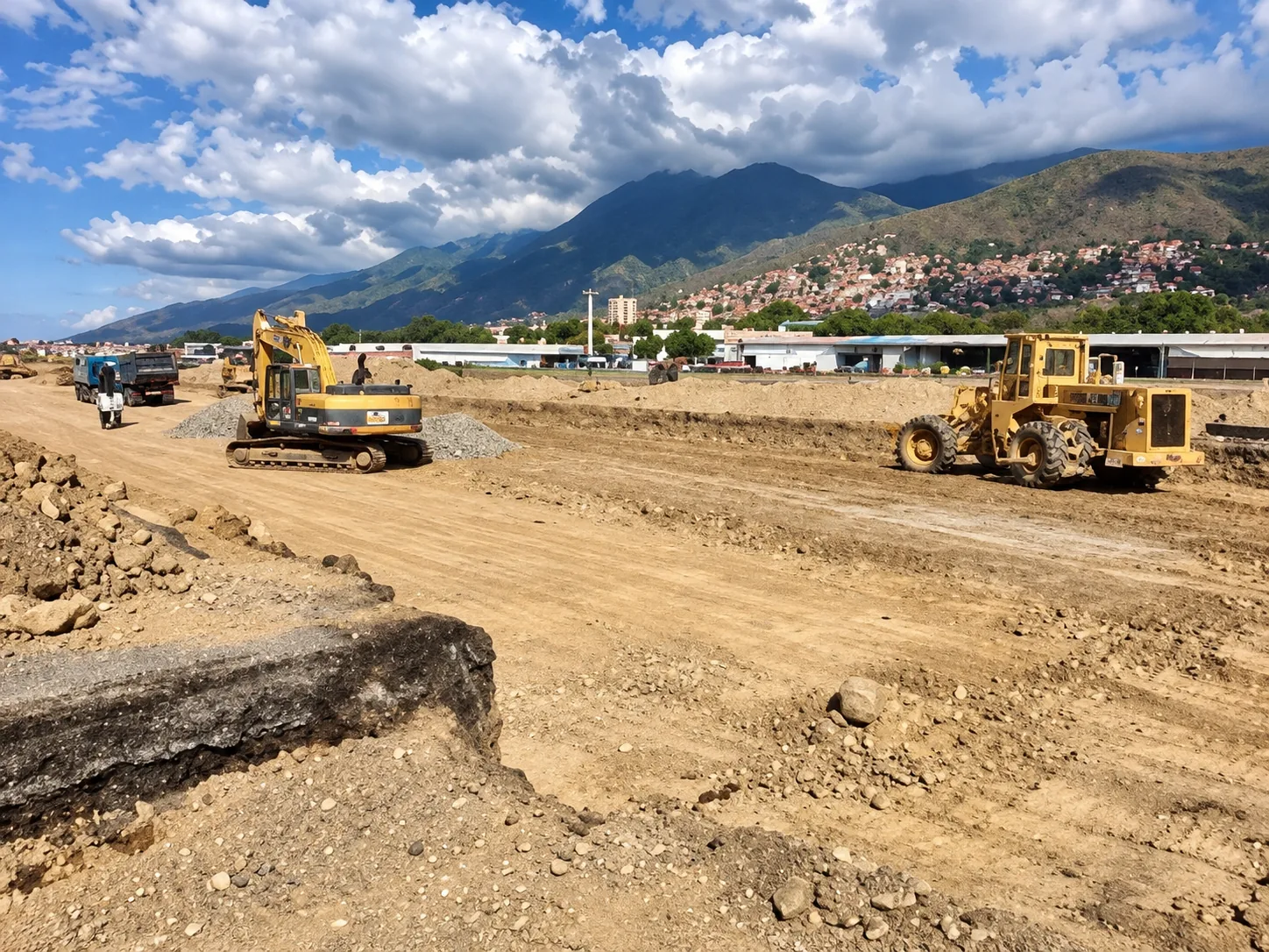 Frente de movimiento de tierras y conformación de subrasante: excavadora de orugas, motoniveladora pesada y volquetes ejecutando los 36.312 m³ de terracería y ensanche estructural