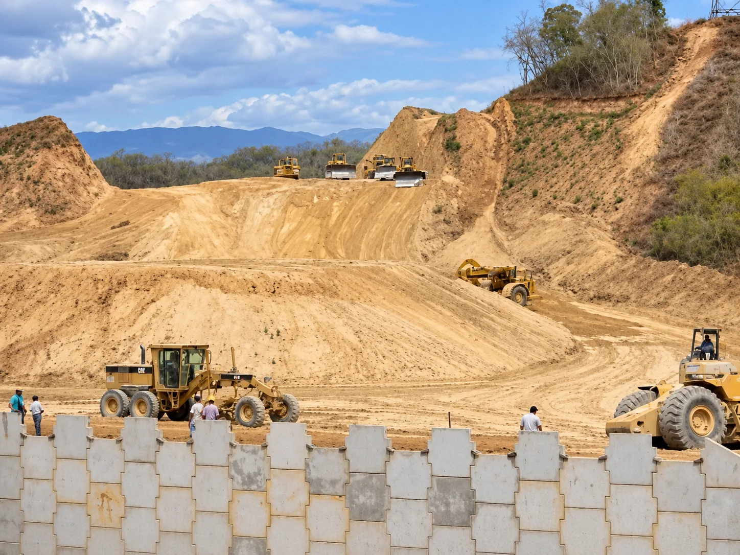 Cortes de ladera masivos, banqueo de taludes, conformación con tren de maquinaria pesada Caterpillar y muro de contención prefabricado